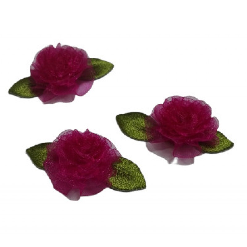 Rosas de Tul con Hojas Bordadas - Color Fucsia